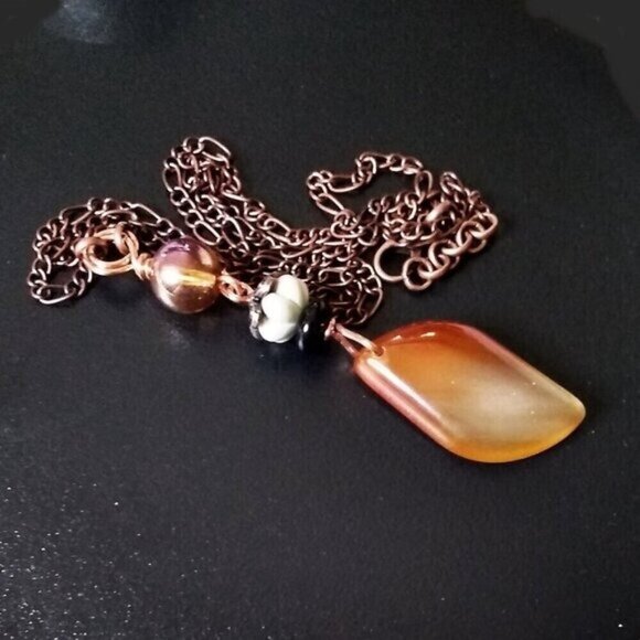 Gorgeous & Unique! Tangerine Agate Beaded Stack Pendant & Copper Figaro Chain - Picture 1 of 10
